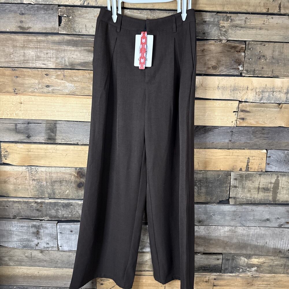 Cider Mid Rise Wide Leg Pleated Trousers Pants, Coffee Brown, XS